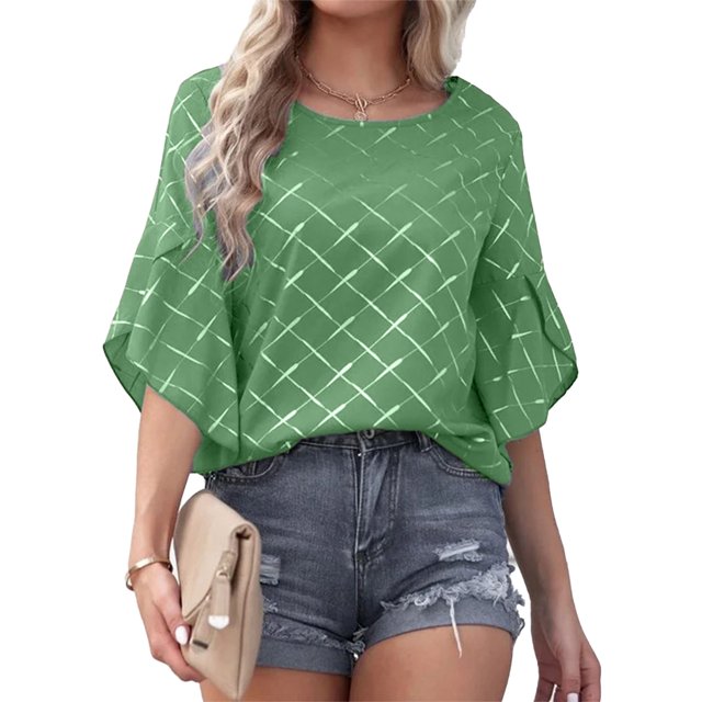 Whataatahia Blusa de manga corta con cuello redondo y volantes para mujer, camisa estampada, camisa holgada de verano, verde, XXL