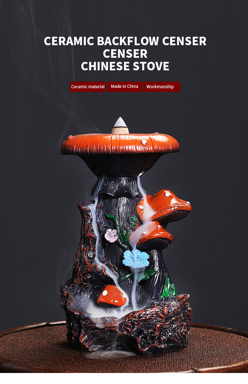 Creative Mushroom Shape Backflow Incense Burner Resin Multifunction Waterfall Censer Incense Stick Holder Decoration Ornaments