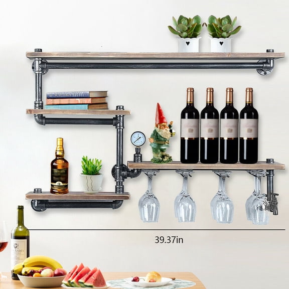 Industrial Pipe Shelving Wine Rack Wall Mount 4 Bottle Holder Bookshelf Home Kitchen Industrial Pipe Shelving Wine Racks with 4 Stem Glass Holder Wall Shelf Wine Holder Shelving Wine Racks Wall Shelf