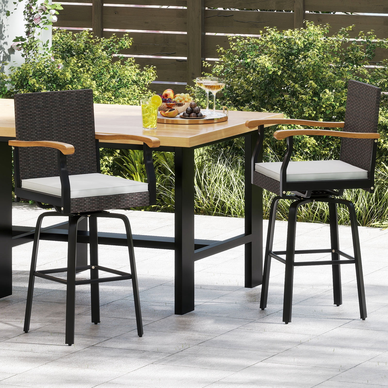 Gymax Outdoor Rattan 360 degree Swivel Bar Stool w/ Removable Cushion Footrests