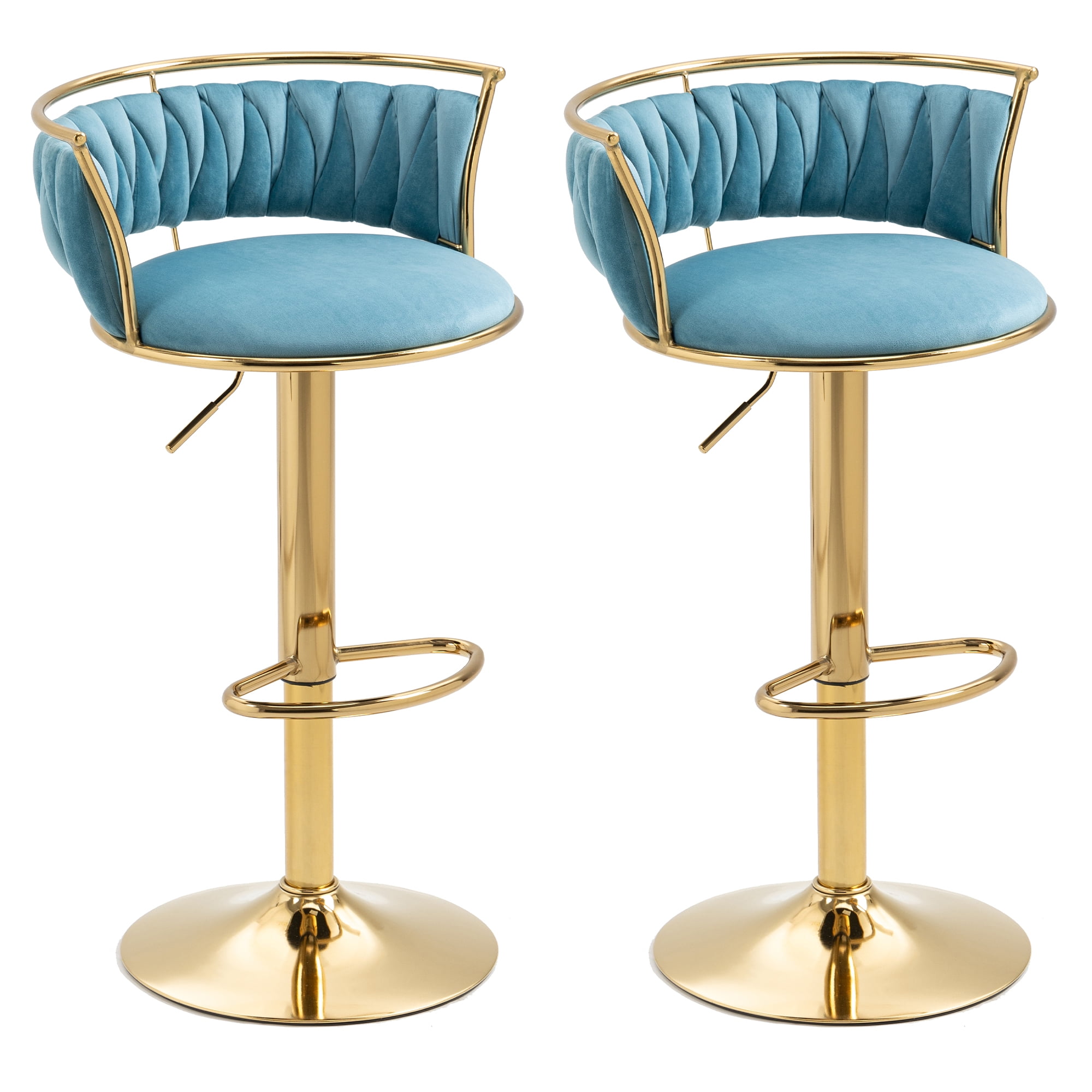 UIXE 360° Swivel Bar Stools Velvet Upholstered Adjustable Bar Chairs Set of 2 with Back & Footrest for Home and Kitchen, Blue