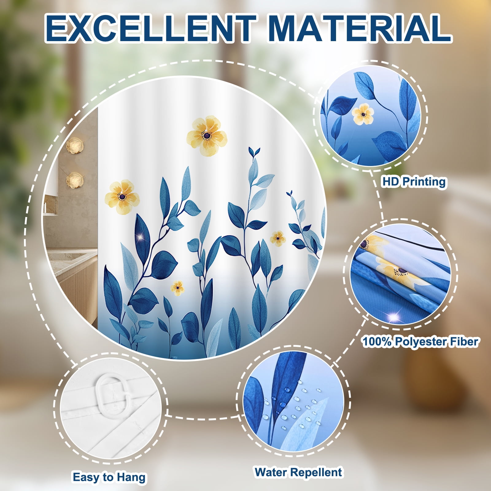 FRAMICS 16-Piece Ombre Floral Shower Curtain Sets with Rugs, Blue Eucalyptus Leaves Bathroom Sets, Waterproof Fabric Bathroom Curtain Decor with Hooks