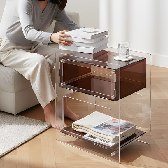 Brown Acrylic 40x30x50cm Coffee Table 3-Story Storage Side Table Living Room Bedroom Table