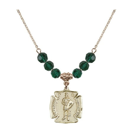 Gold Saint Florian Medal 18-Inch Hamilton Gold Plated Necklace with 6mm Green May Birth Month Stone Beads and Saint Florian Charm ()