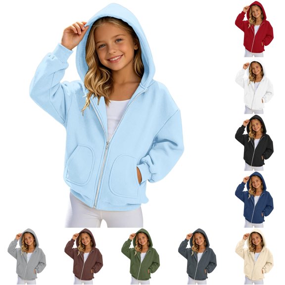 RMGVDSD Girls Zip Up Hoodies Solid Color Long Sleeve Full Zipper Hooded Sweatshirt Lightweight Jacket Casual Outerwear Hoodie Coat 10-11 Years