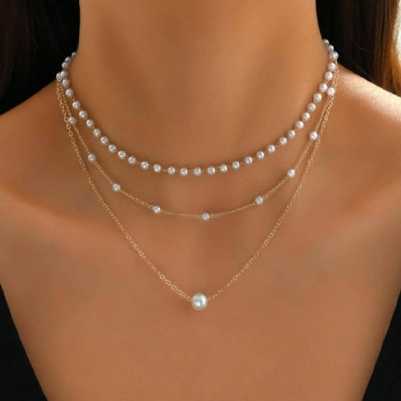 Cterwk 14K Gold Plated Pearl Necklaces for Women Layered Pearl Necklaces Dainty White Pearl Choker Pendant Jewelry Set