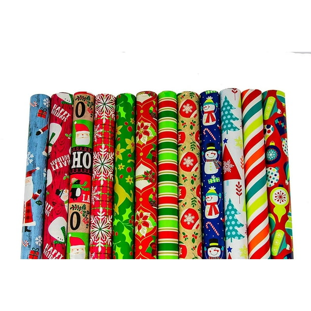 Bundle of 12 Rolls of Christmas Gift Wrapping Paper - 300 Total Sq Ft