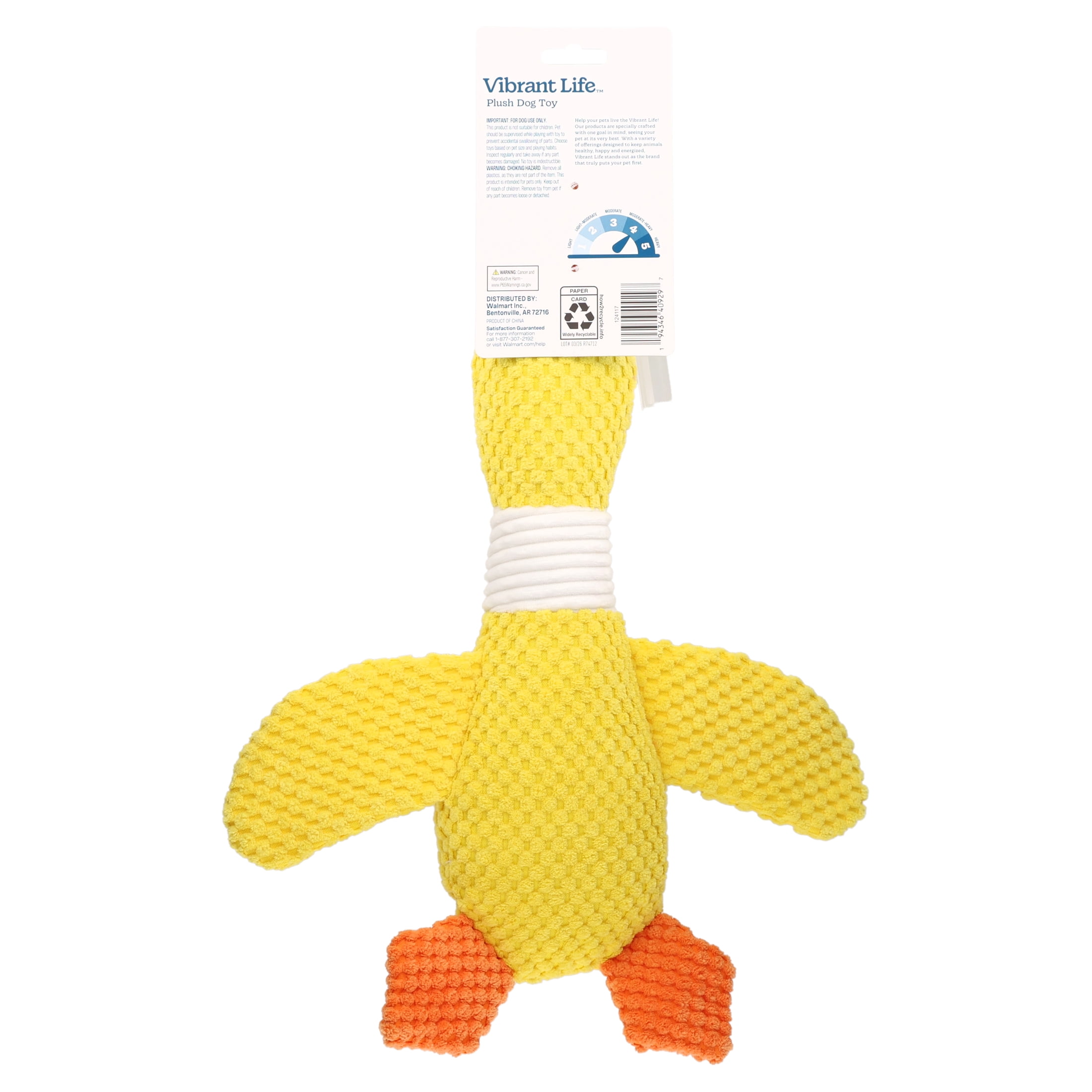 Vibrant Life Yellow Duck Plush Dog Toy with Squeaker, Chew Level 4