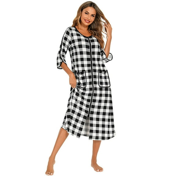 Chbgutlmr Bathrobe for Women 3/4 Sleeve Zipper Front Robes Plaid Lightweight Nightgown with Pockets