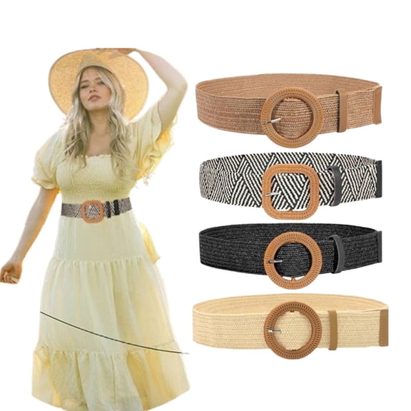 3-Pack Elastic Straw Belts with Resin Buckles, Adjustable No-Hole Design & Soft Stretch, Boho Braided Waist Belt for Women, Summer Dress Accessories