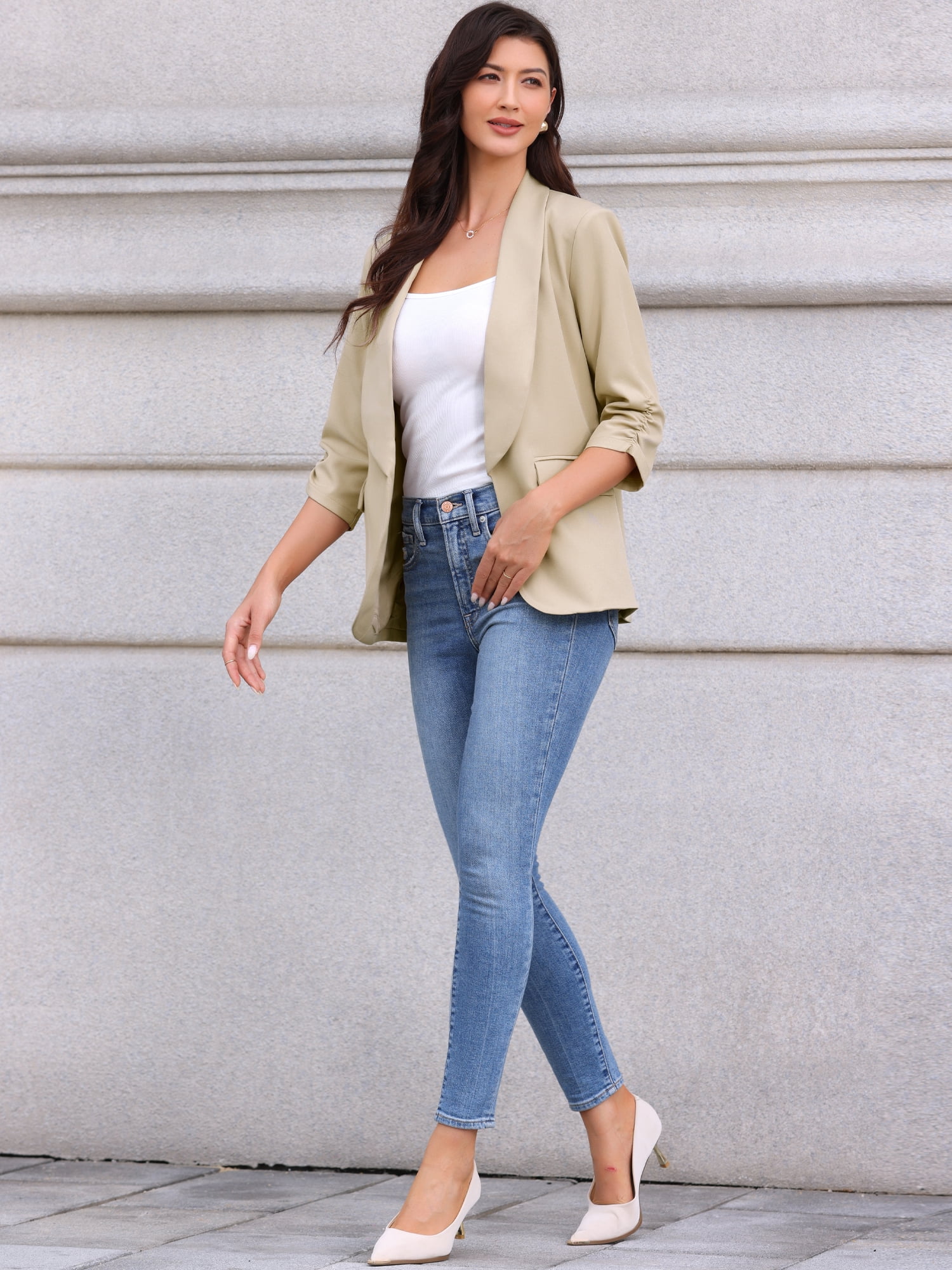 DARING DIVA Women's Ruched 3/4 Sleeve Shawl Collar Dressy Suit Jacket S Khaki
