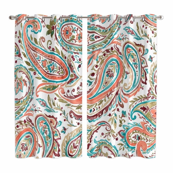 Curtains 63 Inch Length 2 Panels, Paisley Flower Grommets Window Treatment Curtain, Spring Watercolor Floral Leaf Plant Orange Thermal Curtains Drapes for Living Room/Bathroom