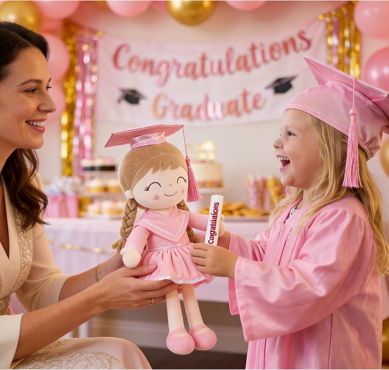Gloveleya 16" Graduation Girl Doll - Pink Plush Toy with Cap & Gown - Preschool Kindergarten Graduation Gifts for Girls, Class of 2026 Milestone Keepsake