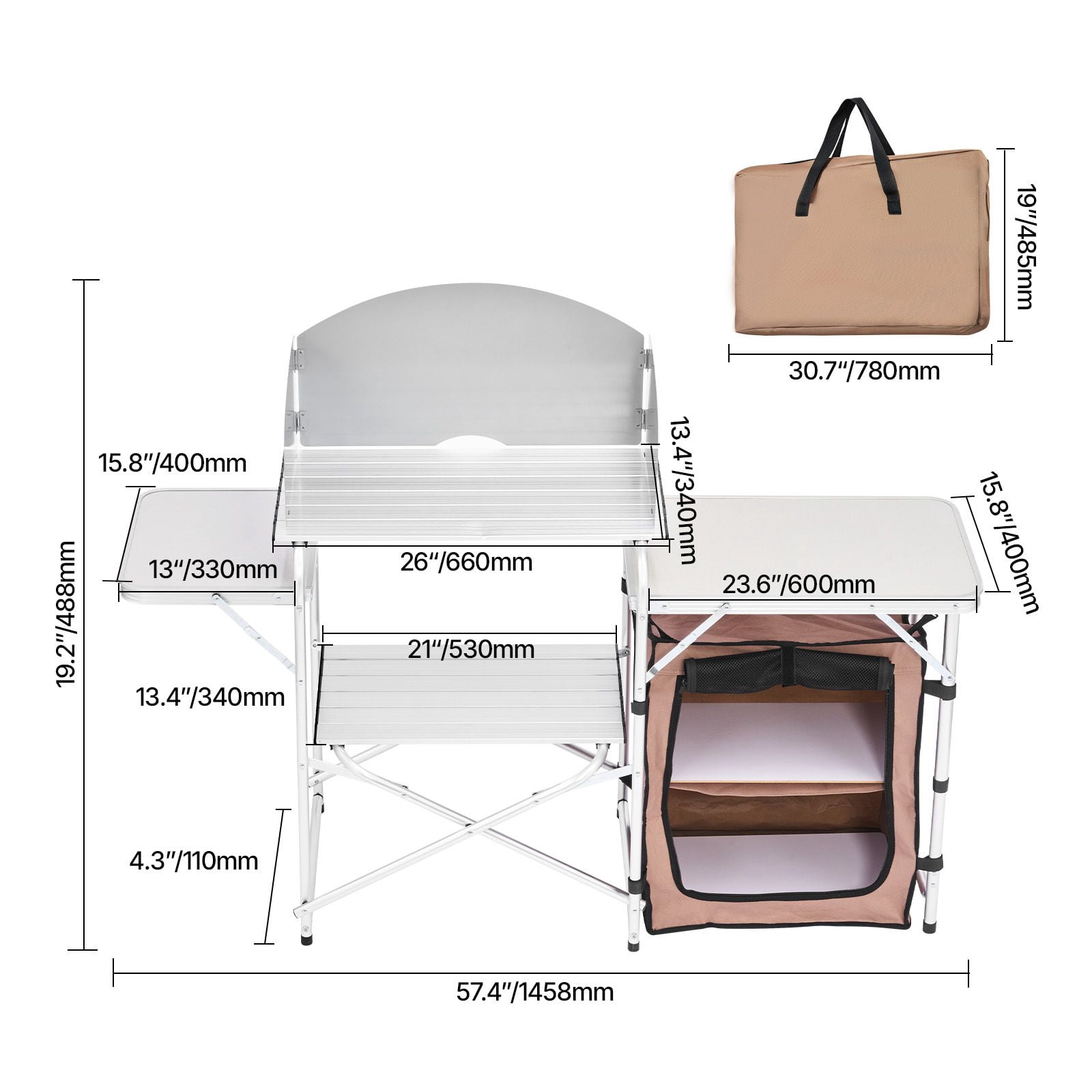 Portable Folding Cook Table for BBQ, Party and Camping, Outdoor 2-Tier Kitchen with Zippered Bag, Brown