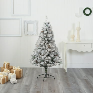 Nearly Natural 5ft. Flocked White River Mountain Pine Artificial Christmas Tree with Pinecones, Green