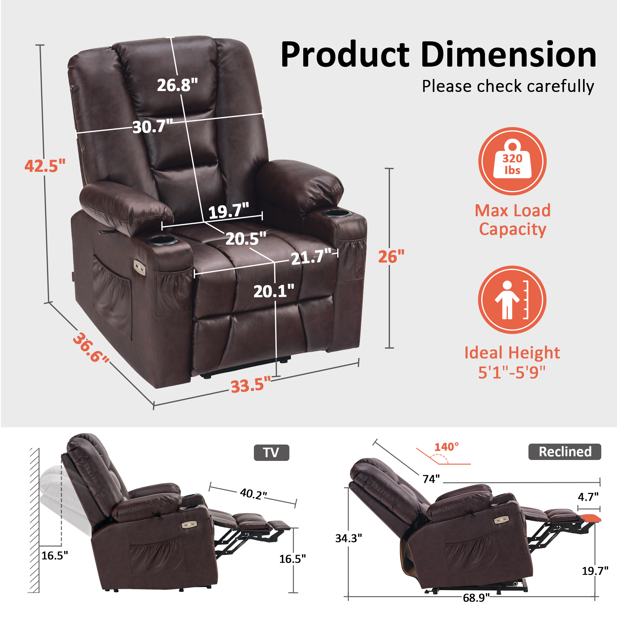 MCombo Power Lift Recliner Chair with Massage and Heat for Elderly People, Faux Leather 7519 (Medium, Dark Brown)