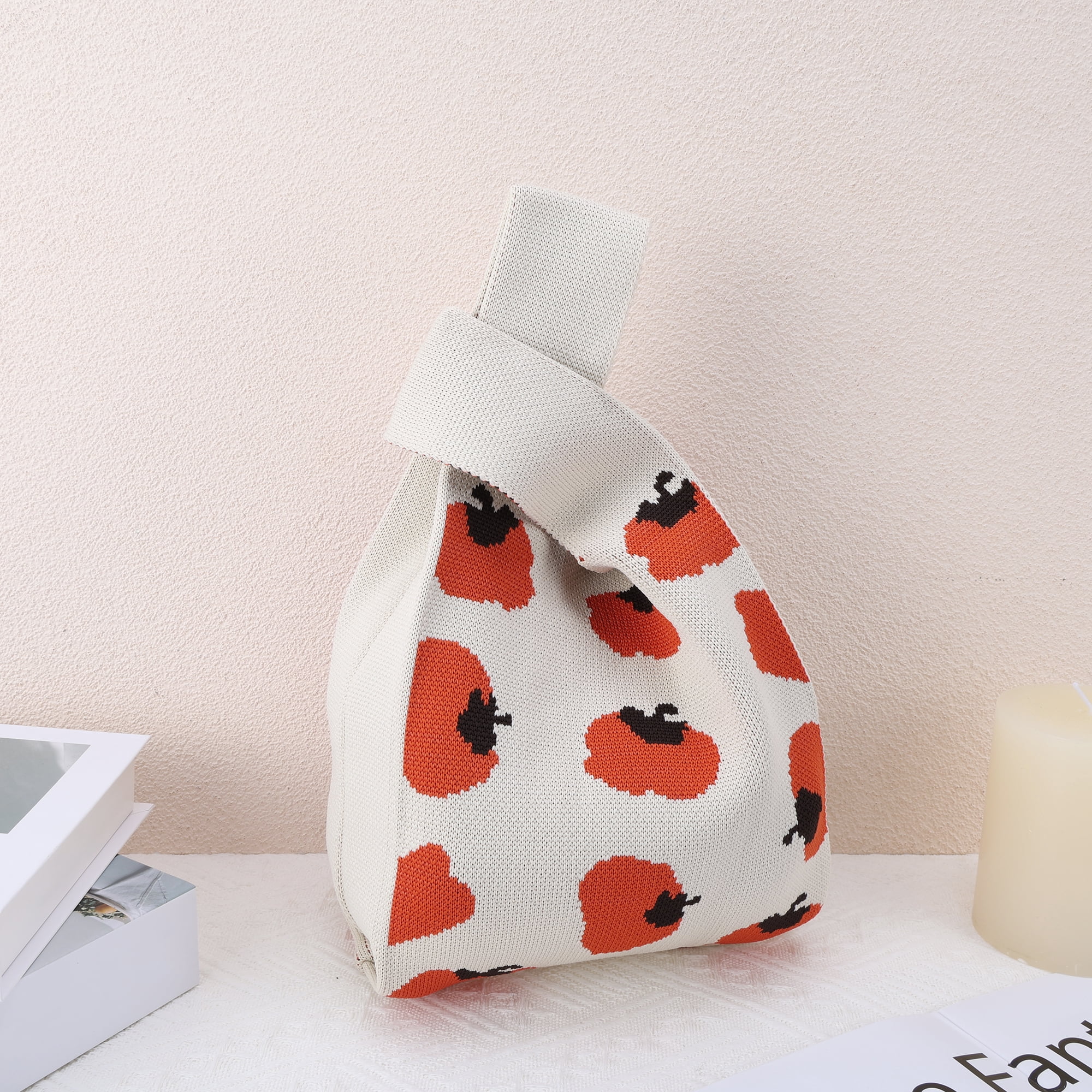 Unique Bargains Fruit Pattern Knitted Wrist Bag Beige Orange Red Black 1 Pc