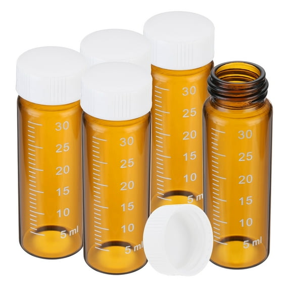 Uxcell Small Glass Sample Bottles with Lids, 5 pcs 30ml Amber Glass Vials with White Screw Caps Mini Leak Proof Reagent Sealed Bottles with Scale for Solid Liquid Powder Storage