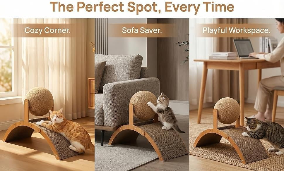 Cat Scratching Ball On Stand, Interactive Cat Scratcher with 360° Rotating Sisal Ball, Cat Scratching Post with Arch Bridge Balls, Cat Scratcher Board for Indoor, Protects Furniture & Rugs