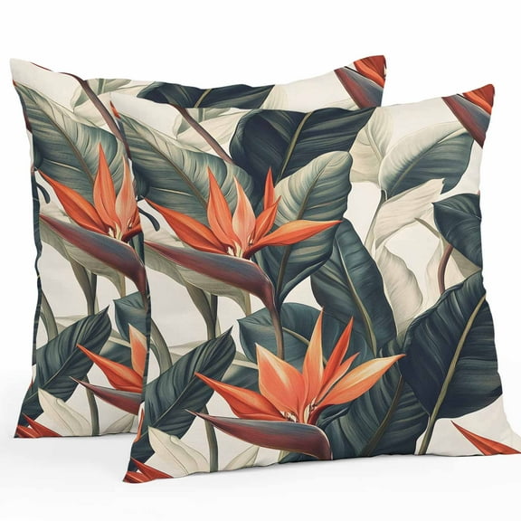Waterproof Throw Pillow Covers Set of 2, 18x18 Inch Summer Botanical Decorative Pillowcases Outdoor Pillow Slip Cushion Covers Set for Couch Tent Retro Nature Tropical Leaves Floral
