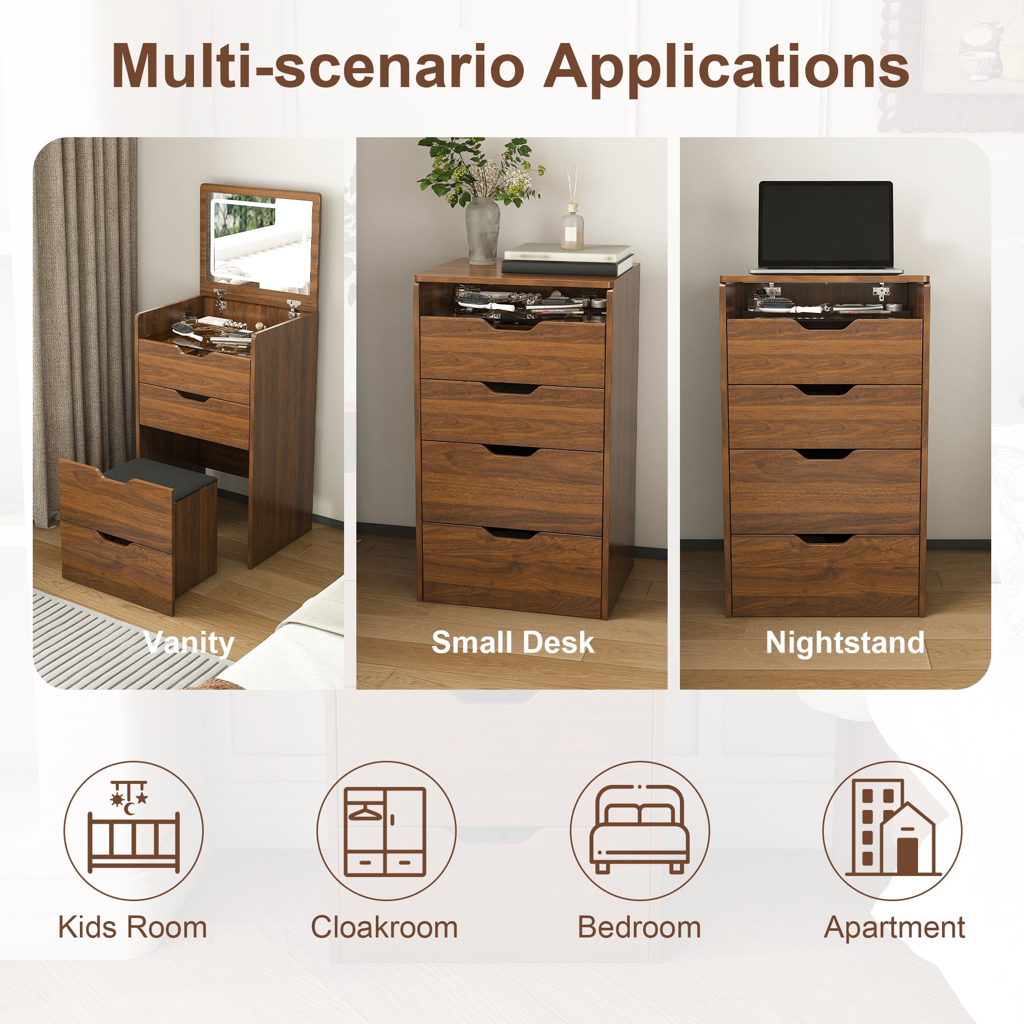 Mintazer 3-in-1 Vanity Desk with LED Lighted Mirror & Storage Stool, Flip Top Makeup Vanity with Drawers, Multifunctional Dresser Nightstand for Bedroom, Walnut