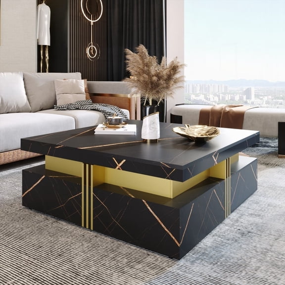 Modern Black Square Coffee Table with 4 Drawers for Living Room, Easy to Clean.