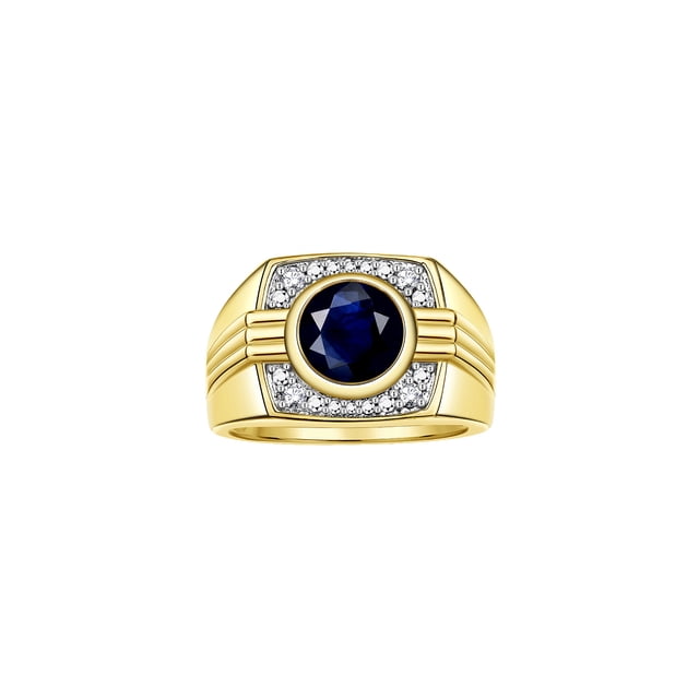 RYLOS Mens Rings 14K Yellow Gold Designer Round Gemstone & Sparkling Diamond Ring Sapphire September Birthstone Rings For Men, Men's Rings, Gold Rings Sizes 8 - 13
