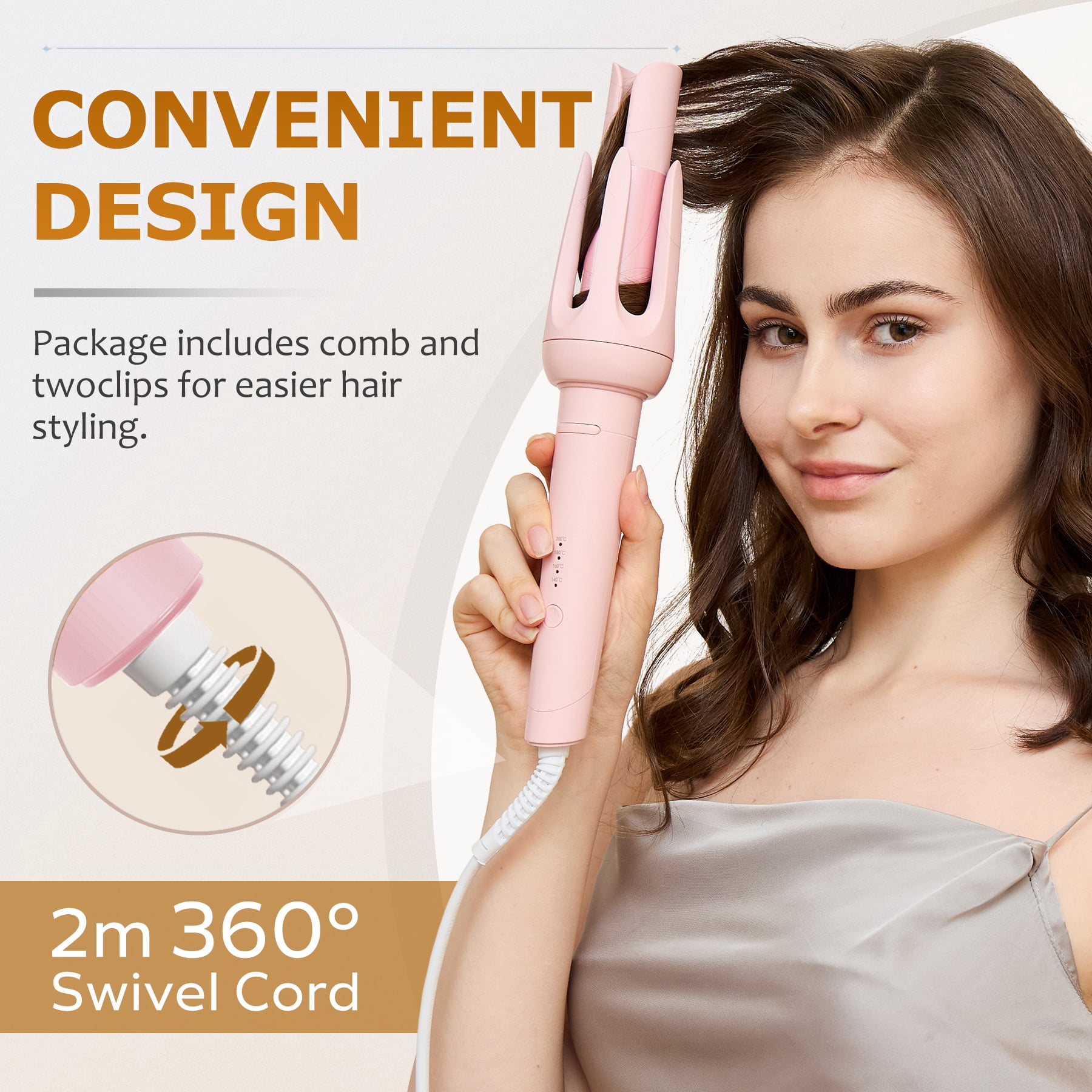 BILITOK Auto Hair Curler, Automatic Curling Iron with 4 Temperature & 3 Timer, Automatic Shut-Off, Anti-Scald, Anti-Tangle Rotating Curling Wand for Hair Styling Pink
