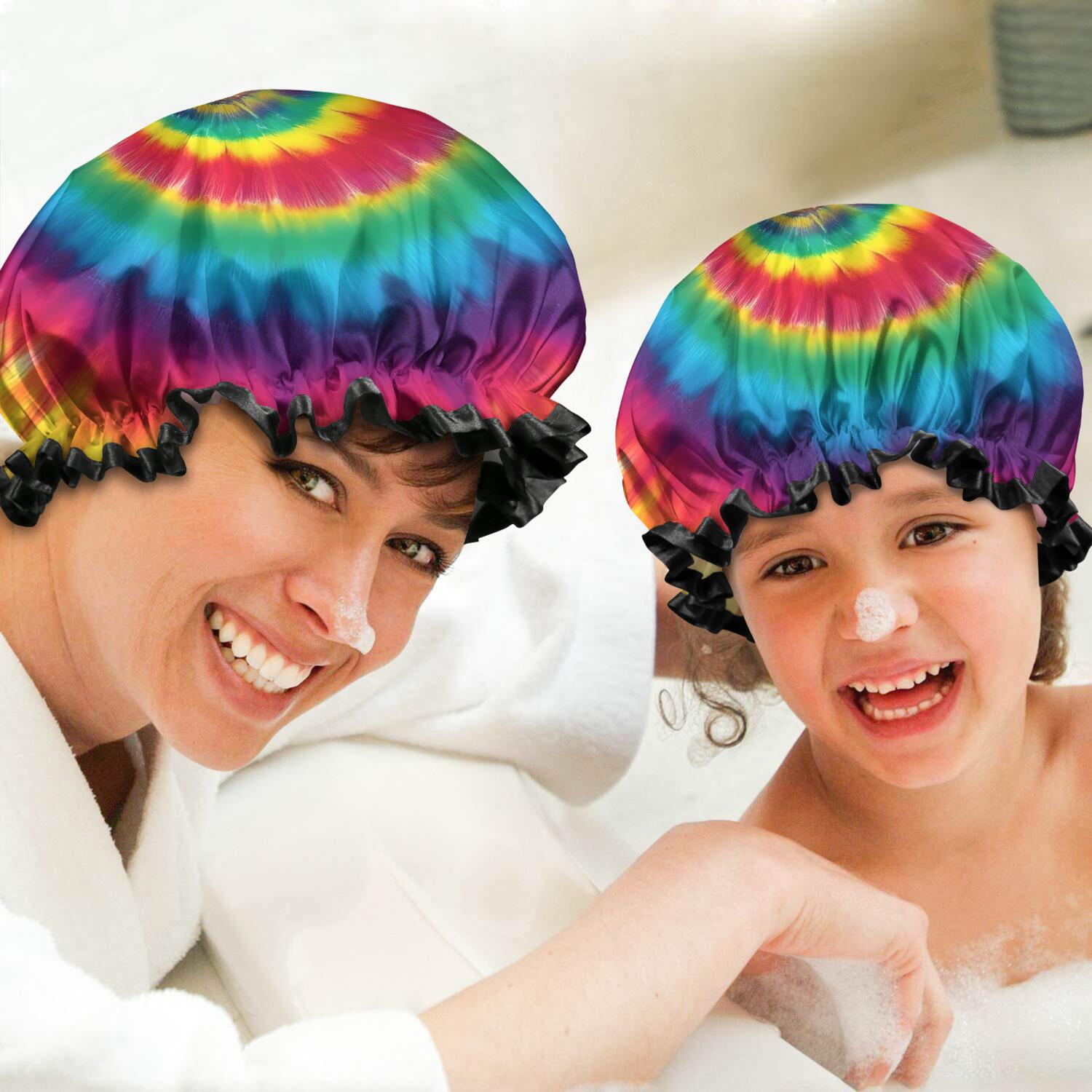Shower Caps,Colorful Rainbow Tie Dye Spiral Pattern Waterproof Shower Cap for Women 4 Pieces,Double Reusable Hair Cover for Shower PEVA Elastic Stretch Hem