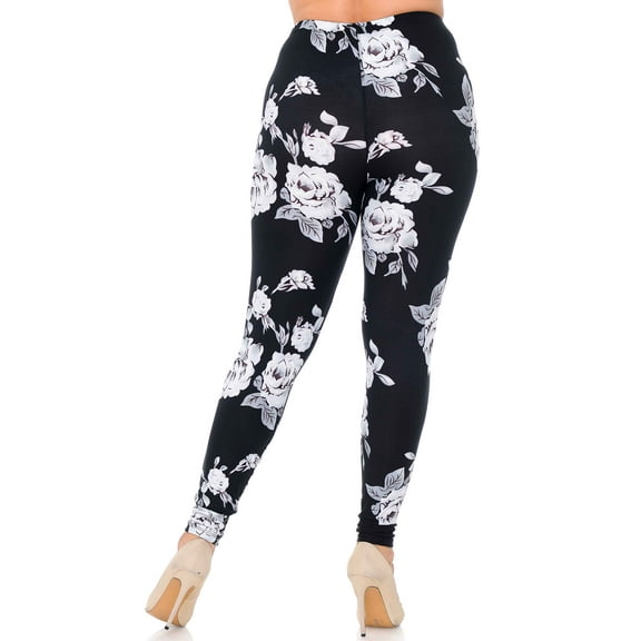 Buttery Soft Jumbo White Rose Extra Plus Size Leggings - 3X - 5X (XPlus One Size,Black)