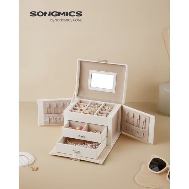 SONGMICS Joyero de 3 niveles, estuche de viaje con asa, 2 cajones, organizador de joyas con cerradura con espejo, blanco