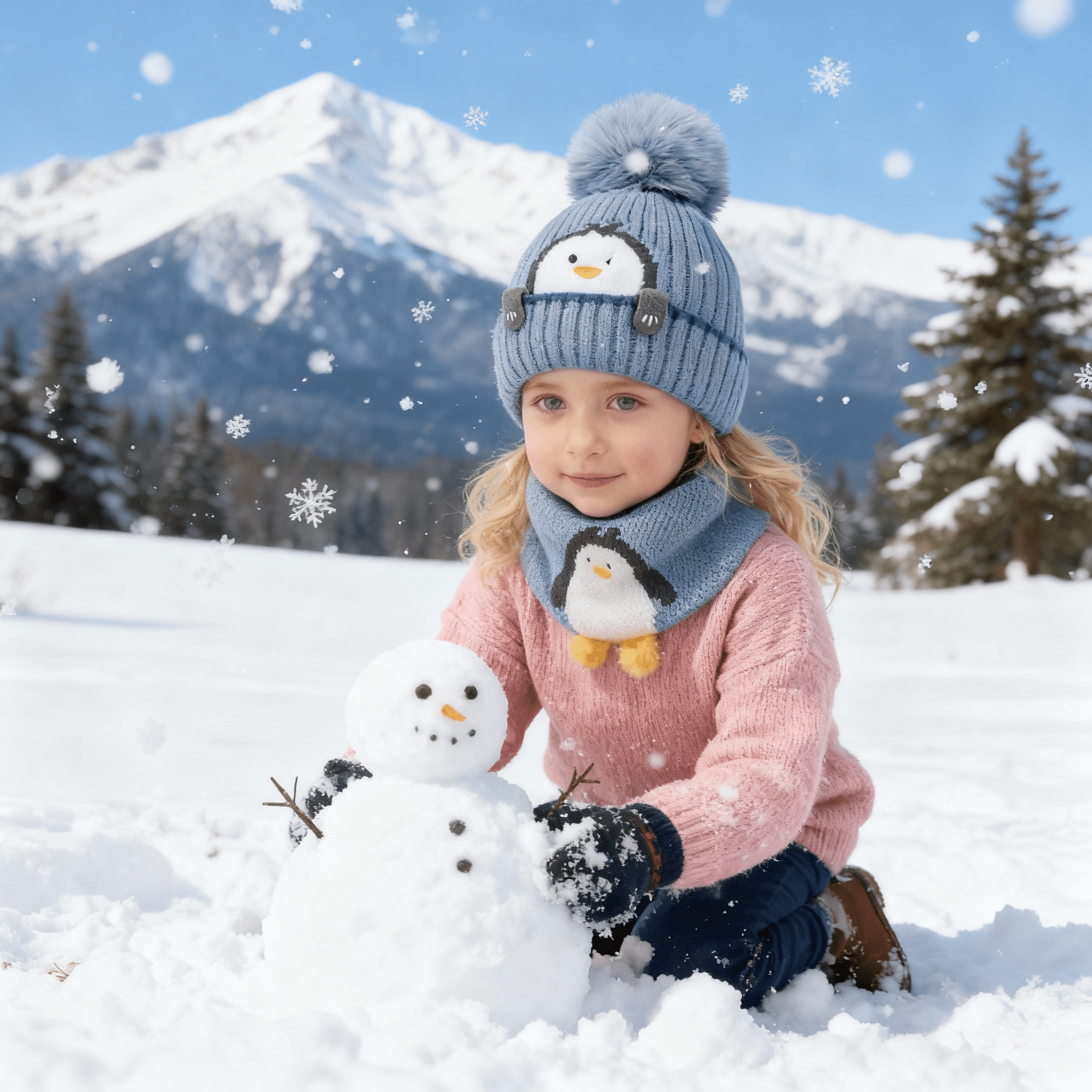 Baby Kids Winter Warm Hats, Infant Toddler Children Pom Pom Beanie Knit Cap Girls Boys-2 Piece