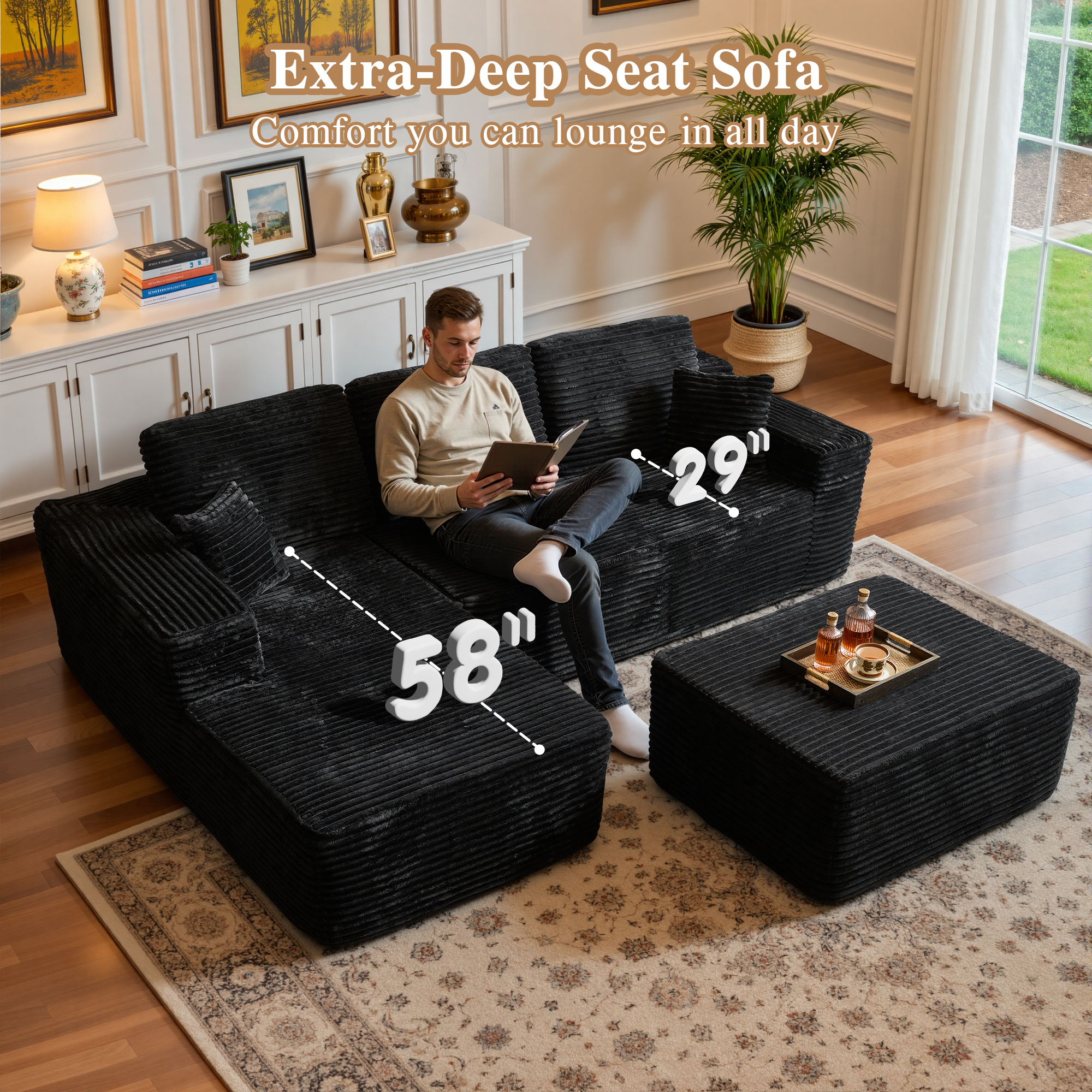 Ovios 106" Cloud Sofa Couch No Assembly Boneless Deep Seat Sofa with Ottoman for Living Room, Black (Plush Corduroy)