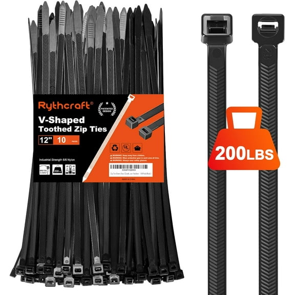 Zip Ties Heavy Duty 12 inch,V-Shaped Toothed Double Sided With 200 LBS Tensile Strength Cable Ties ,Extra Large Wire Ties Adjustable Nylon Tie Wraps for Indoor Outdoor Patented Design(80 Pack Black)