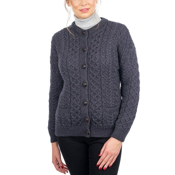 SAOL 100% Merino Wool Irish Aran Jacket Cardigan Buttoned Women Gray ...