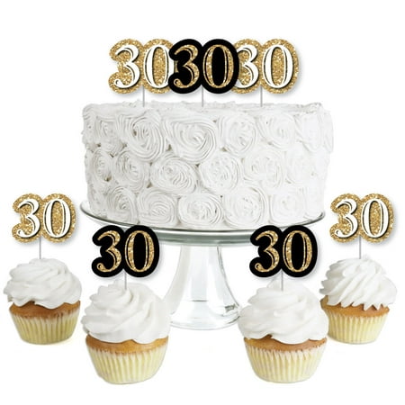 Adult 30th Birthday - Gold - Dessert Cupcake Toppers - Birthday Party Clear Treat Picks - Set of