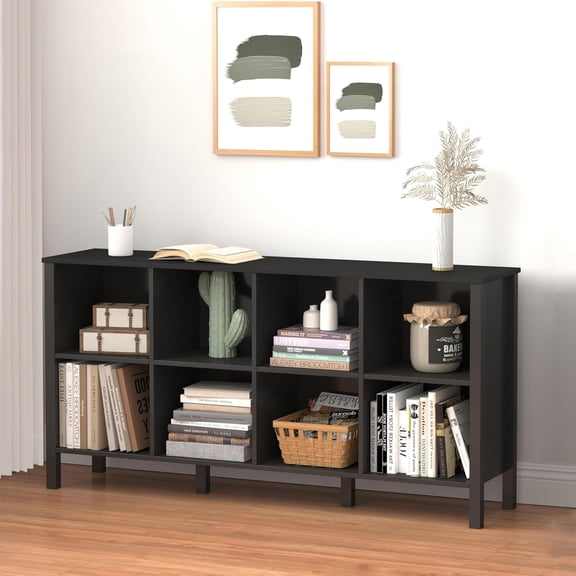 8-Cube Bookcase, Farmhouse Wooden Bookshelf Low Storage Organizer, 59" Horizontal White Console with Legs, Hallway Book Case for Entryway, Display Cabinet for Living Room (Black, 8-Cube)