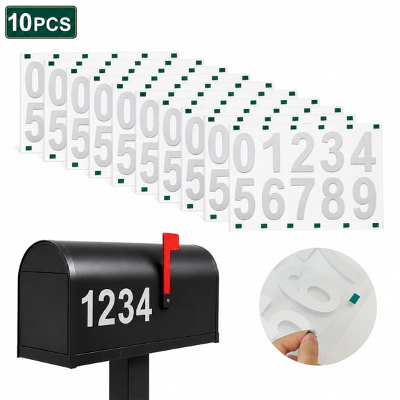 WLGJL 10 Pack 3 Inch Silver Reflective Mailbox House Number Stickers, Vinyl Address Decals with Easy-Peel Green Tabs, Pre-Cut Self-Adhesive Numbers for Outdoor Mailboxes & Doors