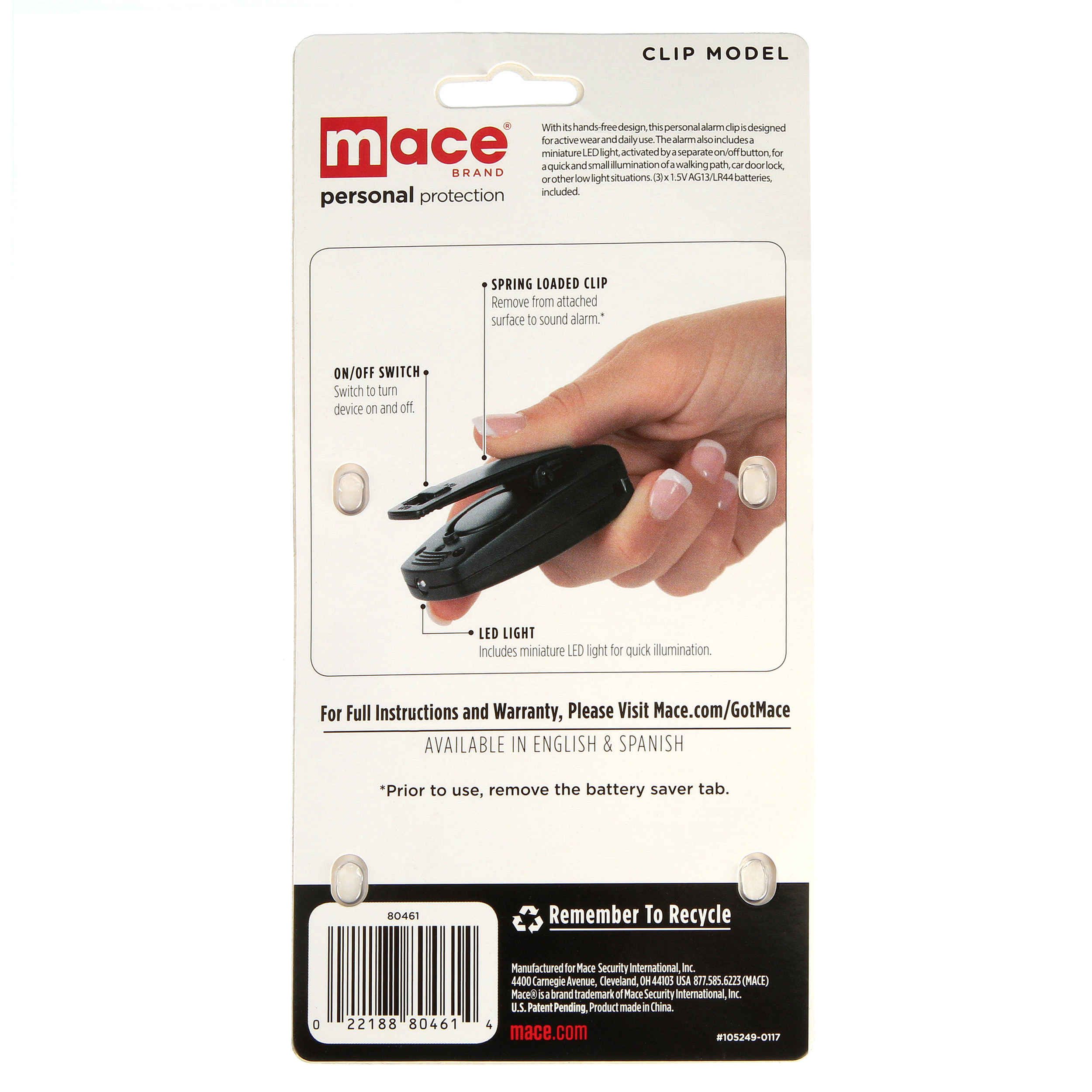 Mace Brand Personal Alarm Clip Black