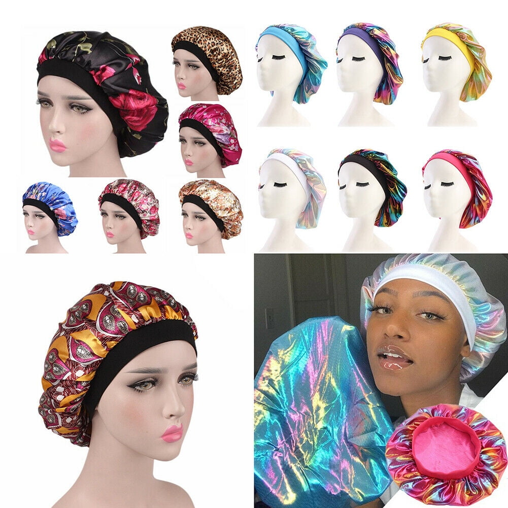 Satin Night Sleep Cap Hair Care Sleeping Bonnet Hat Head Cover Elastic Wide Band 