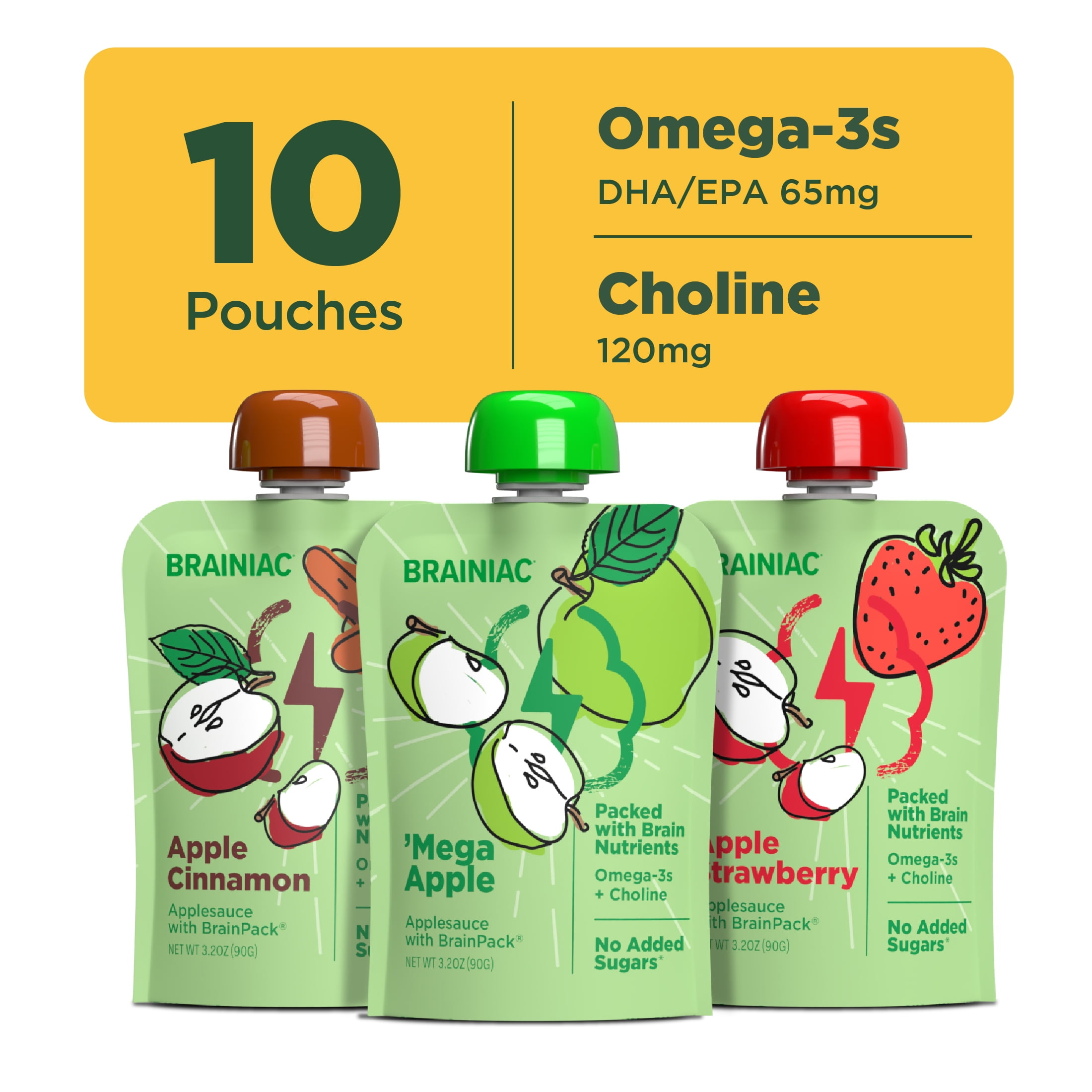 Brainiac Brain Squeezers Applesauce with Omega-3s, Variety Pack, No Sugar Added, 3.2oz, 10 Ct