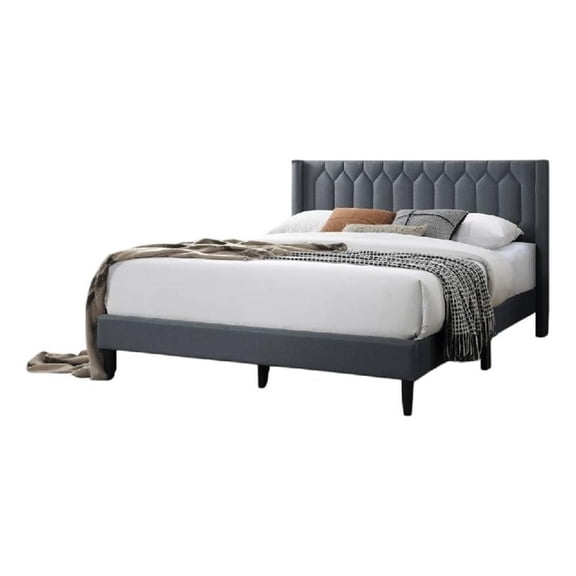 Jeo Queen Size Bed- Geometric Stitched Charcoal Gray Burlap Upholstery