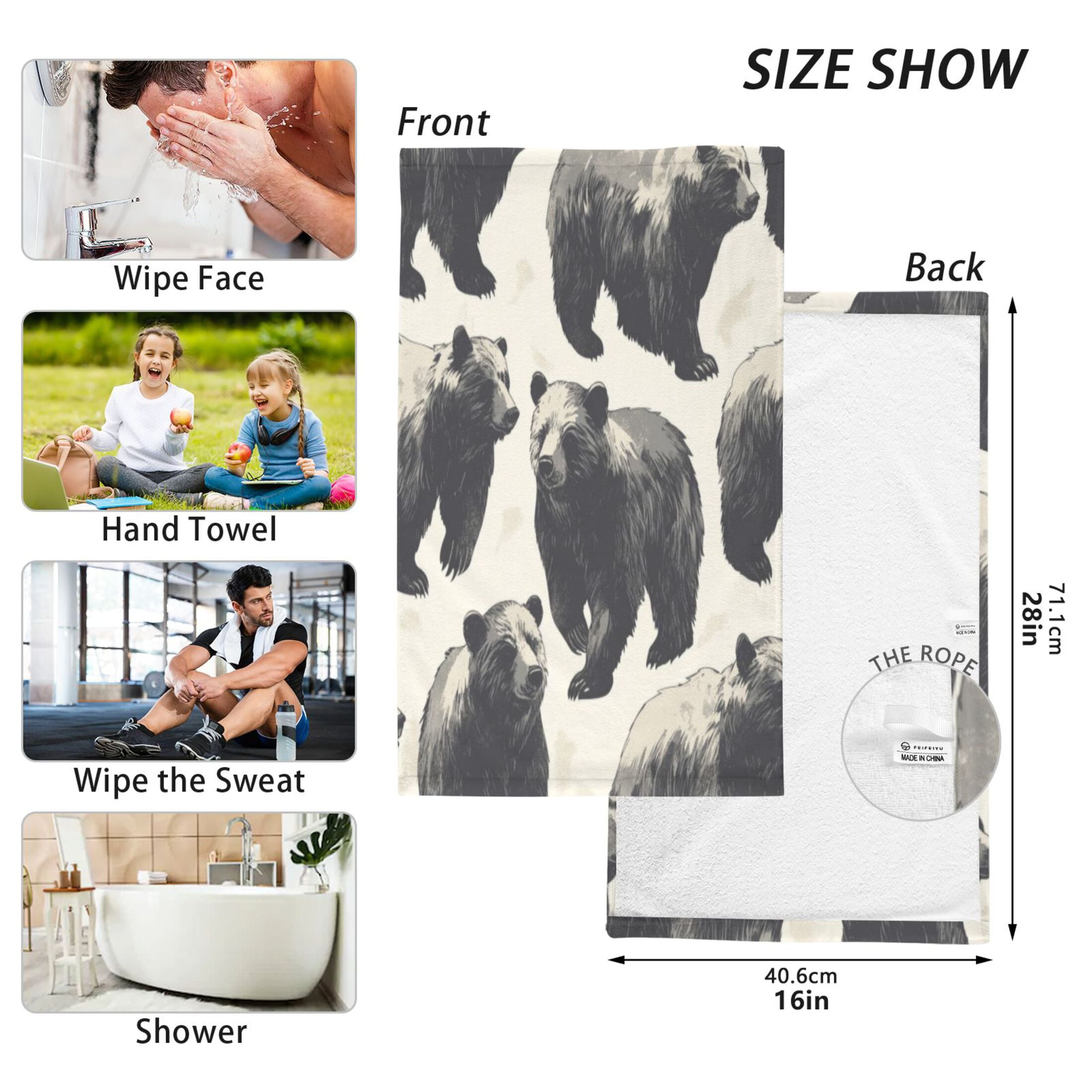 Cotton Towel Two-Piece 16x28 Inch One Sizex2 Face Towel Set Towel Set Cotton Hand Bath Towel Bathroom Beach Black Bear Seamless