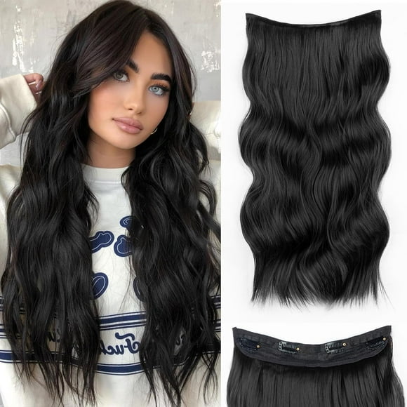 Halo Hairpiece Hair Extensions Clip ins with Invisible Wire Hair Extensions Wavy 20 Inches Hair Tinsel Heat Resistant Halo Hair Extensions Hair Pieces for Women (20Inch, Black)