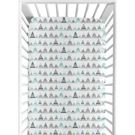 UPC: 0846480085416 | Mountains Grey And Aqua Jersey Knit Fitted Crib Sheet by Sweet Jojo Designs