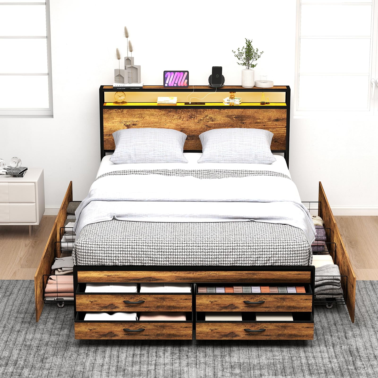 ZIVACATE Queen Bed Frames with Headboard, Queen Size Storage Bed Frame with 8 Drawers, Built-in Charging Ports & Outlets, Adjustable Atmospheric LED Lights, Queen-Size Metal Foundation Beds, Brown