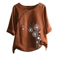 thumbnail image 2 of CHOK Hauts pour Femmes en Liquidation à Moins de 5$ Hauts Décontractés Printemps Été Manches 3/4 Coton Lin Imprimé Graphique Pissenlit Col Rond Blouses Vintage Grande Taille, 2 of 4