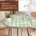 thumbnail image 4 of Watercolor Floral Round Tablecloth, Fitted Table Cover with Elastic for 45"-54" Round Tables, Spring Flowers Leaves Botanical Green Plaid Table Cloth Outdoor Dinning Party Waterproof Tablecloths, 4 of 7
