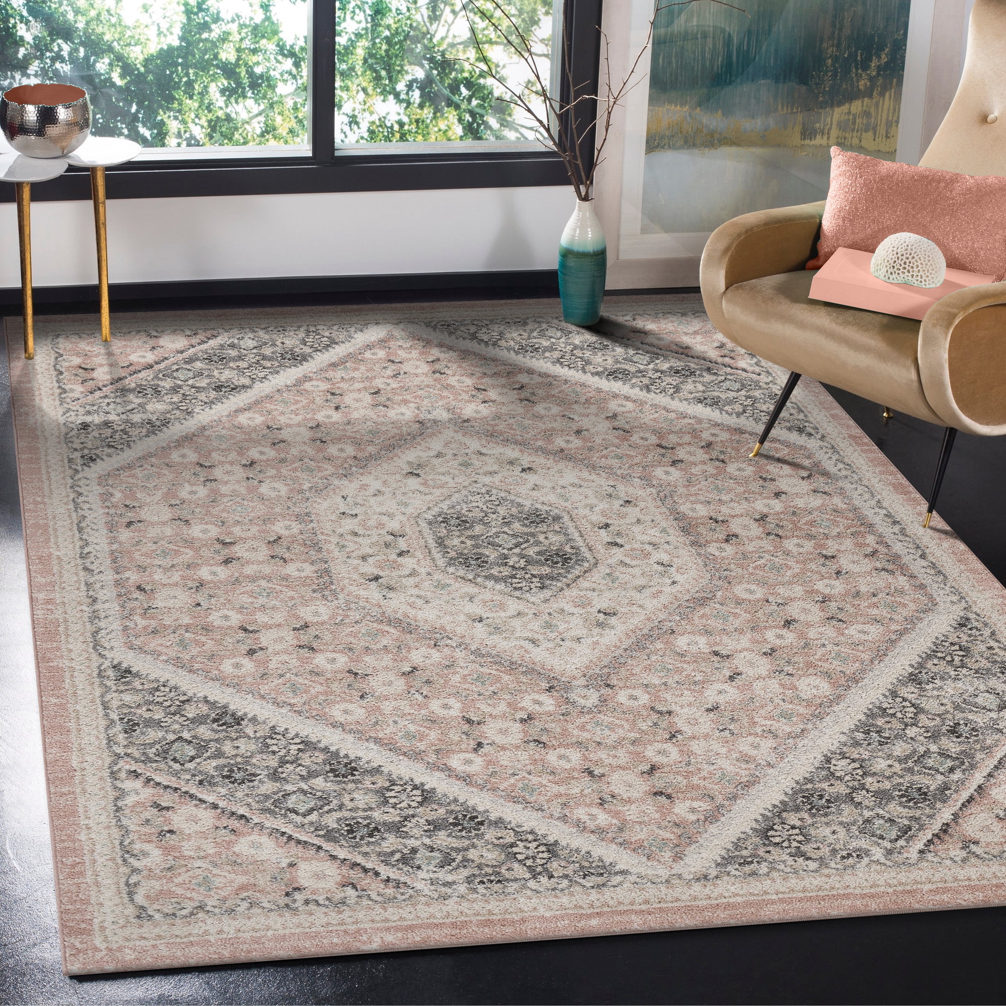 Ox Bay Diana 2' x 3' Pink/Ivory Medallion Stain and Fade Stain Resistant Indoor Area Rug