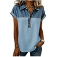 thumbnail image 3 of Sentmoon Ensembles 2 Pcs pour Femmes Été Haut en Denim pour Femmes Hauts de Printemps pour Femmes Manches Courtes Col à Revers Patchwork Coupe Régulière avec Imprimé Haut d'Été Extensible Mode 3TG-5TG, 3 of 6